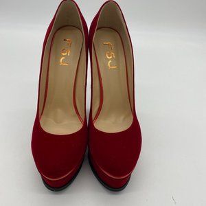 FSJ pointy toe red chunky platform heels pump shoe